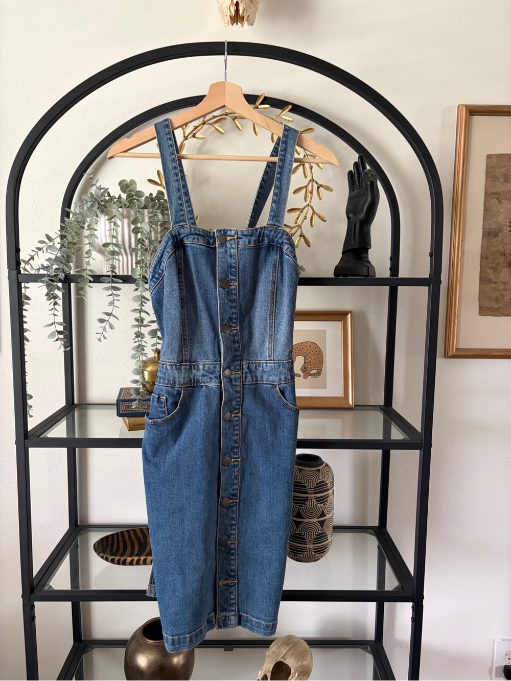 Universal Thread Blue Denim Button-Front Midi Pinafore Dress